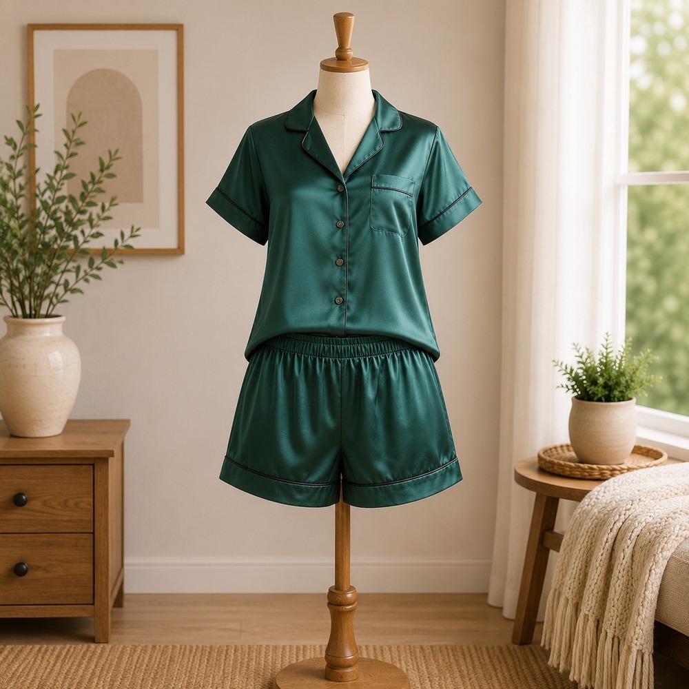 NWT Cupshe Pajama Set Womens XL Green Satin Short Sleeve Button Down Shorts 2040